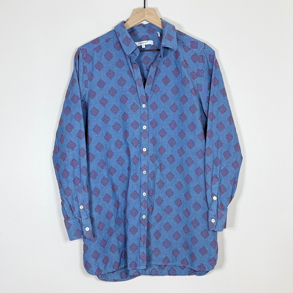 Foxcroft Womens Tunic Button Up Top Size 14 Blue Red Diamond Clip Dot Cotton